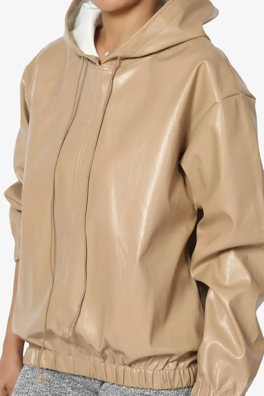 TheMogan Women's Faux Leather Oversized Hoodie Smooth Relaxed Fit Vegan Pleather Hooded Pullover