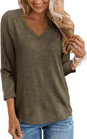TICTICMIMI Women's V Neck 3/4 Sleeve Tops Casual T Shirts Basic Summer Tees Loose Fit Pullover Tunic