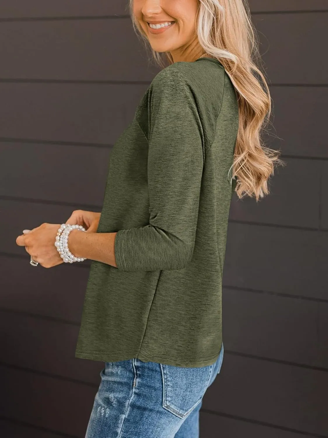 TICTICMIMI Women's V Neck 3/4 Sleeve Tops Casual T Shirts Basic Summer Tees Loose Fit Pullover Tunic