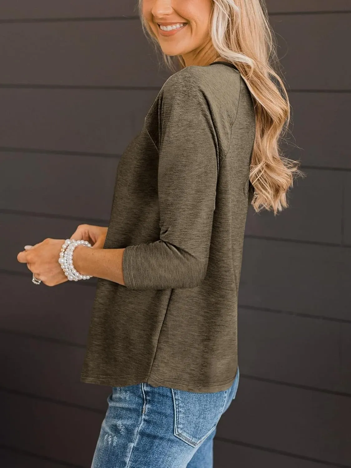 TICTICMIMI Women's V Neck 3/4 Sleeve Tops Casual T Shirts Basic Summer Tees Loose Fit Pullover Tunic
