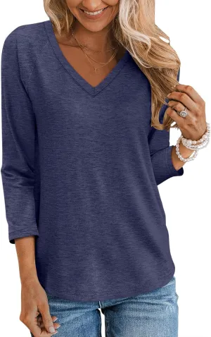 TICTICMIMI Women's V Neck 3/4 Sleeve Tops Casual T Shirts Basic Summer Tees Loose Fit Pullover Tunic