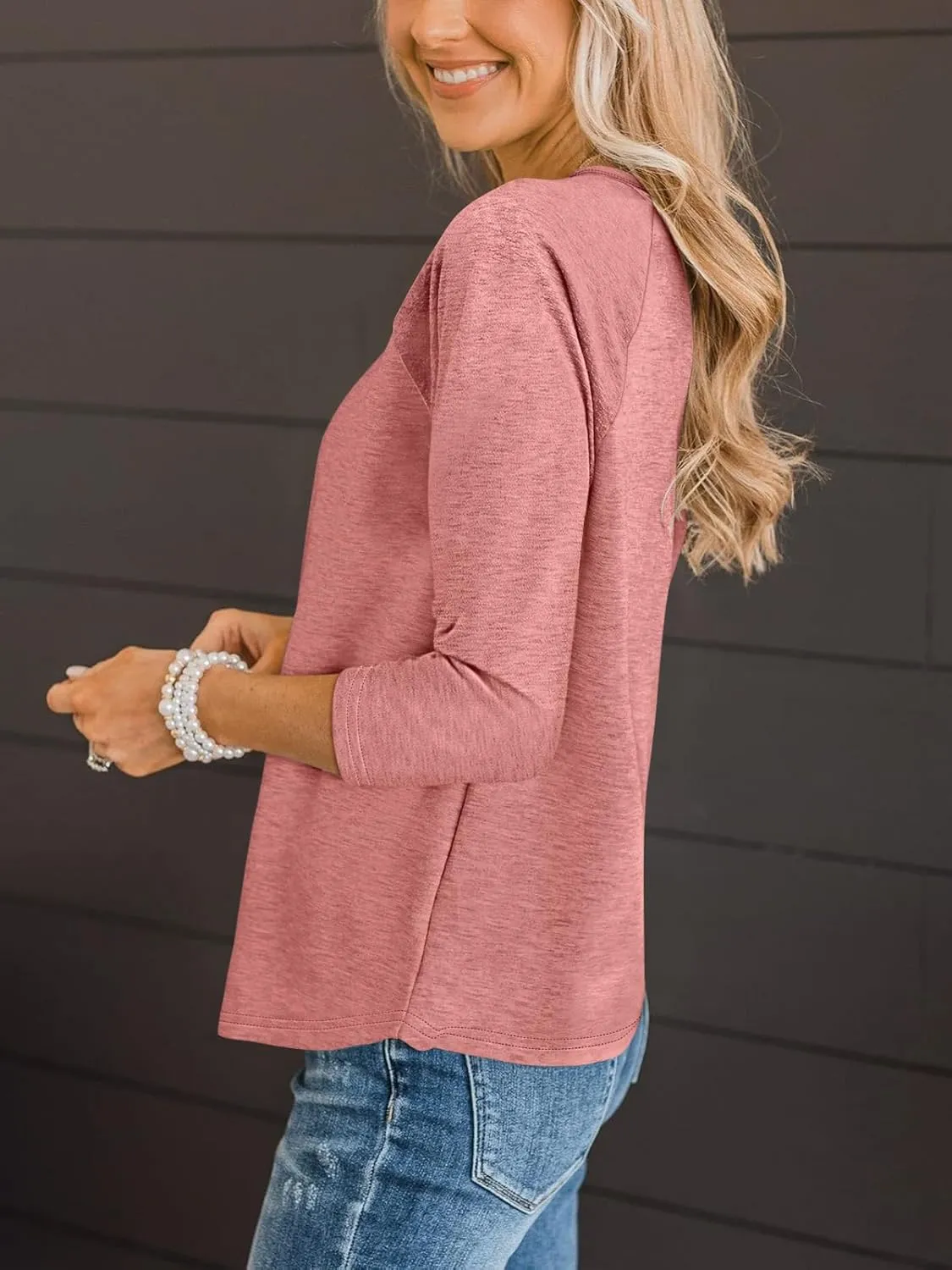 TICTICMIMI Women's V Neck 3/4 Sleeve Tops Casual T Shirts Basic Summer Tees Loose Fit Pullover Tunic