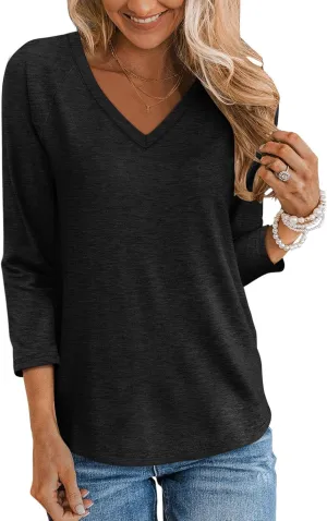TICTICMIMI Women's V Neck 3/4 Sleeve Tops Casual T Shirts Basic Summer Tees Loose Fit Pullover Tunic