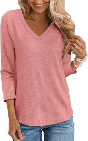 TICTICMIMI Women's V Neck 3/4 Sleeve Tops Casual T Shirts Basic Summer Tees Loose Fit Pullover Tunic