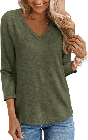 TICTICMIMI Women's V Neck 3/4 Sleeve Tops Casual T Shirts Basic Summer Tees Loose Fit Pullover Tunic