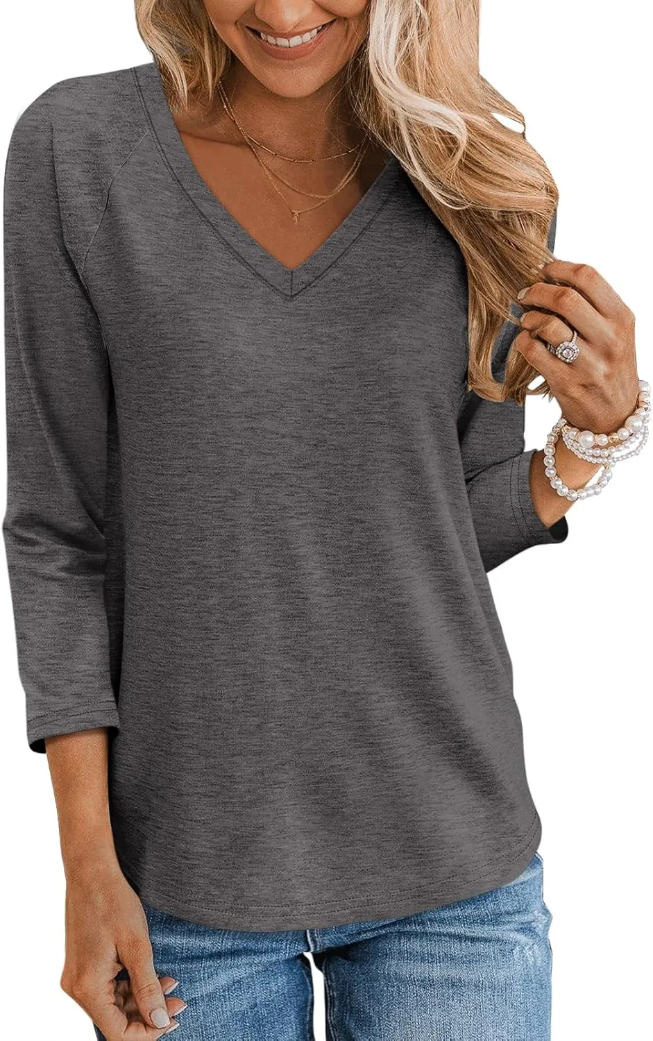 TICTICMIMI Women's V Neck 3/4 Sleeve Tops Casual T Shirts Basic Summer Tees Loose Fit Pullover Tunic