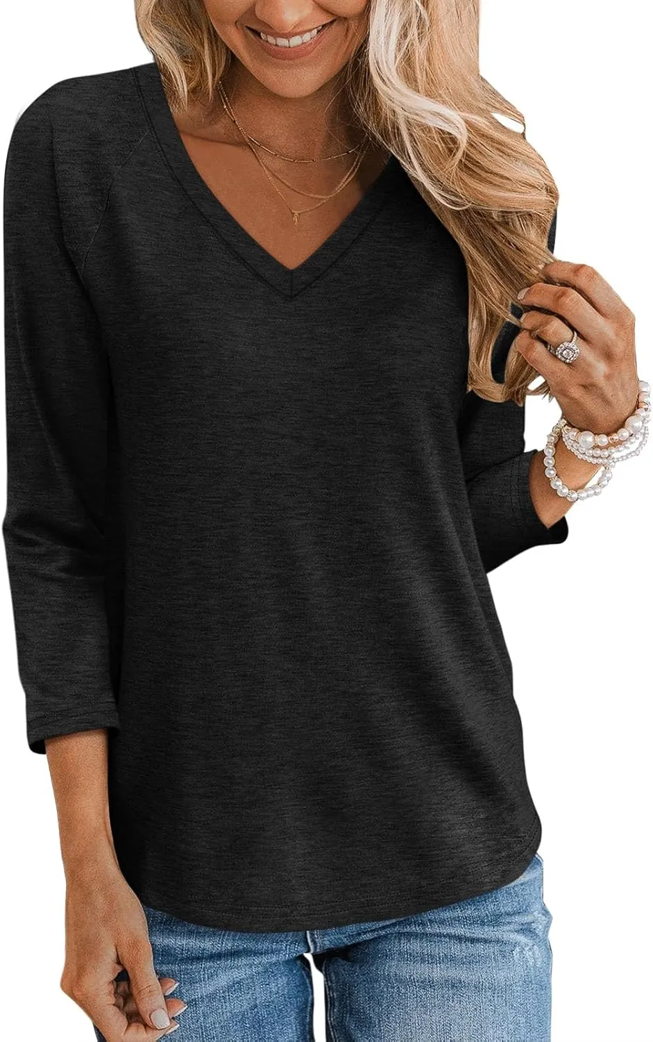 TICTICMIMI Women's V Neck 3/4 Sleeve Tops Casual T Shirts Basic Summer Tees Loose Fit Pullover Tunic