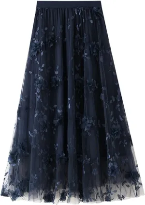 Tulle Skirts for Women 3D Floral Midi High Waist Skirt Cute Pleated A Line Layered Fairy Skirts 2025 Party Skirt