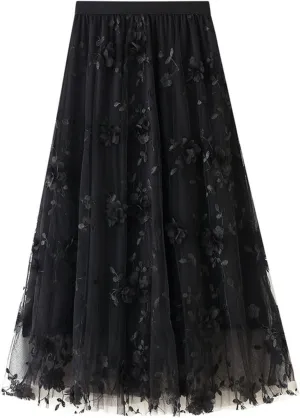 Tulle Skirts for Women 3D Floral Midi High Waist Skirt Cute Pleated A Line Layered Fairy Skirts 2025 Party Skirt