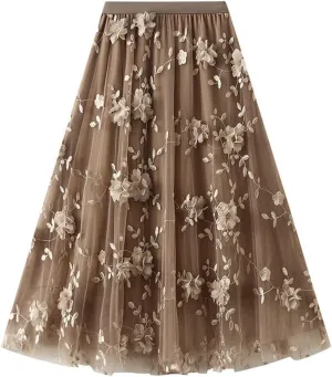 Tulle Skirts for Women 3D Floral Midi High Waist Skirt Cute Pleated A Line Layered Fairy Skirts 2025 Party Skirt