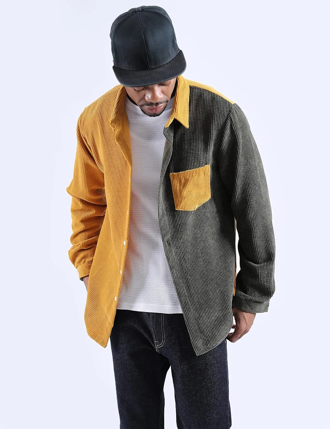 UANEO Mens Shacket Patchwork Long Sleeve Button Down Corduroy Shirts for Men