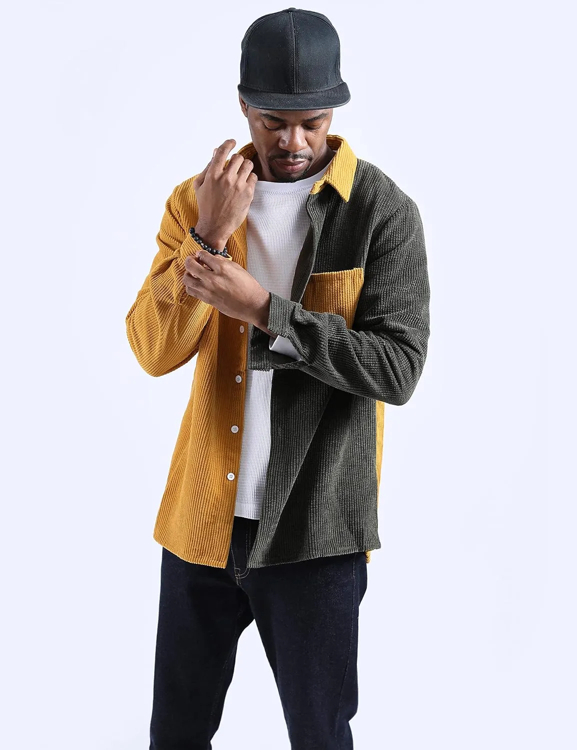UANEO Mens Shacket Patchwork Long Sleeve Button Down Corduroy Shirts for Men