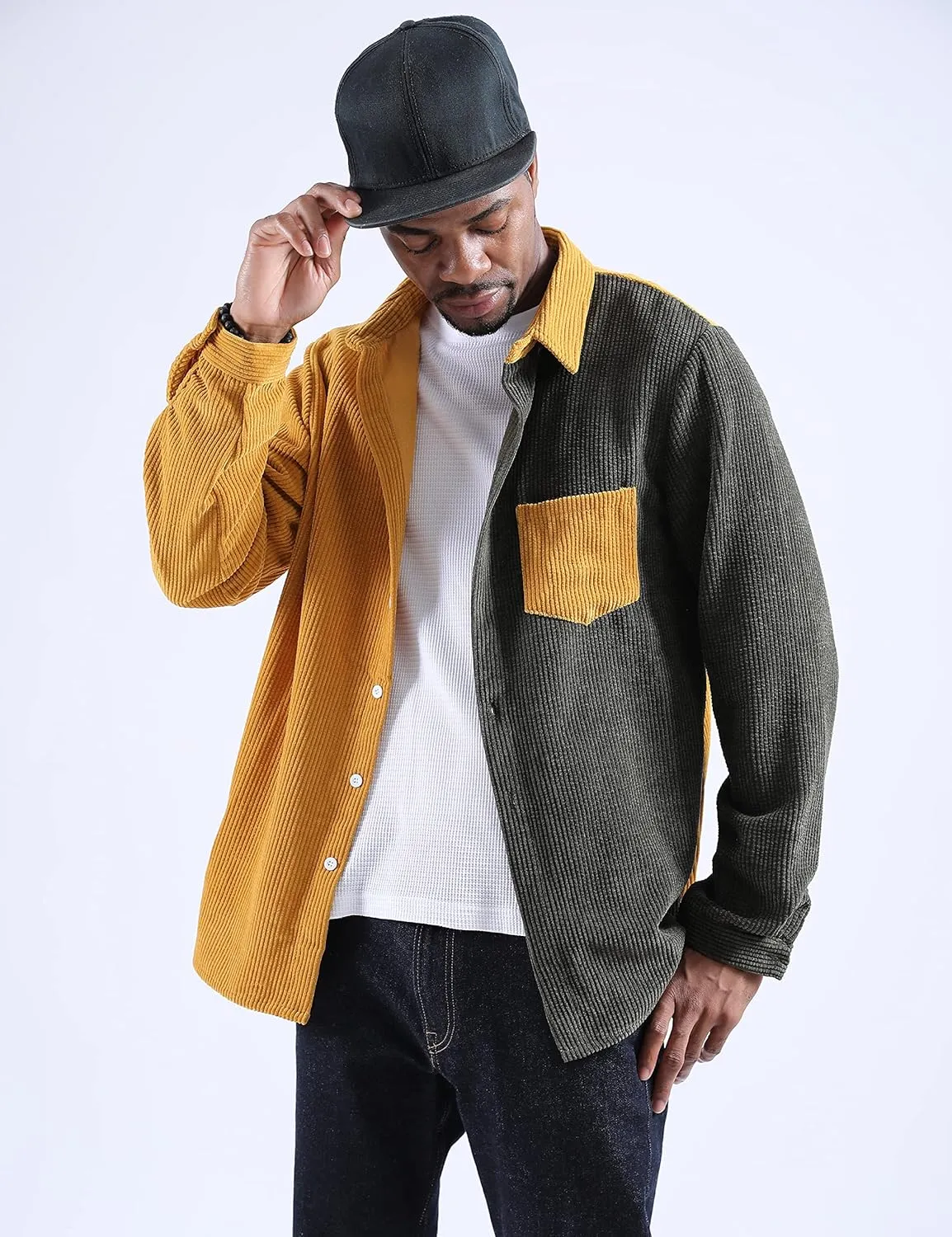 UANEO Mens Shacket Patchwork Long Sleeve Button Down Corduroy Shirts for Men