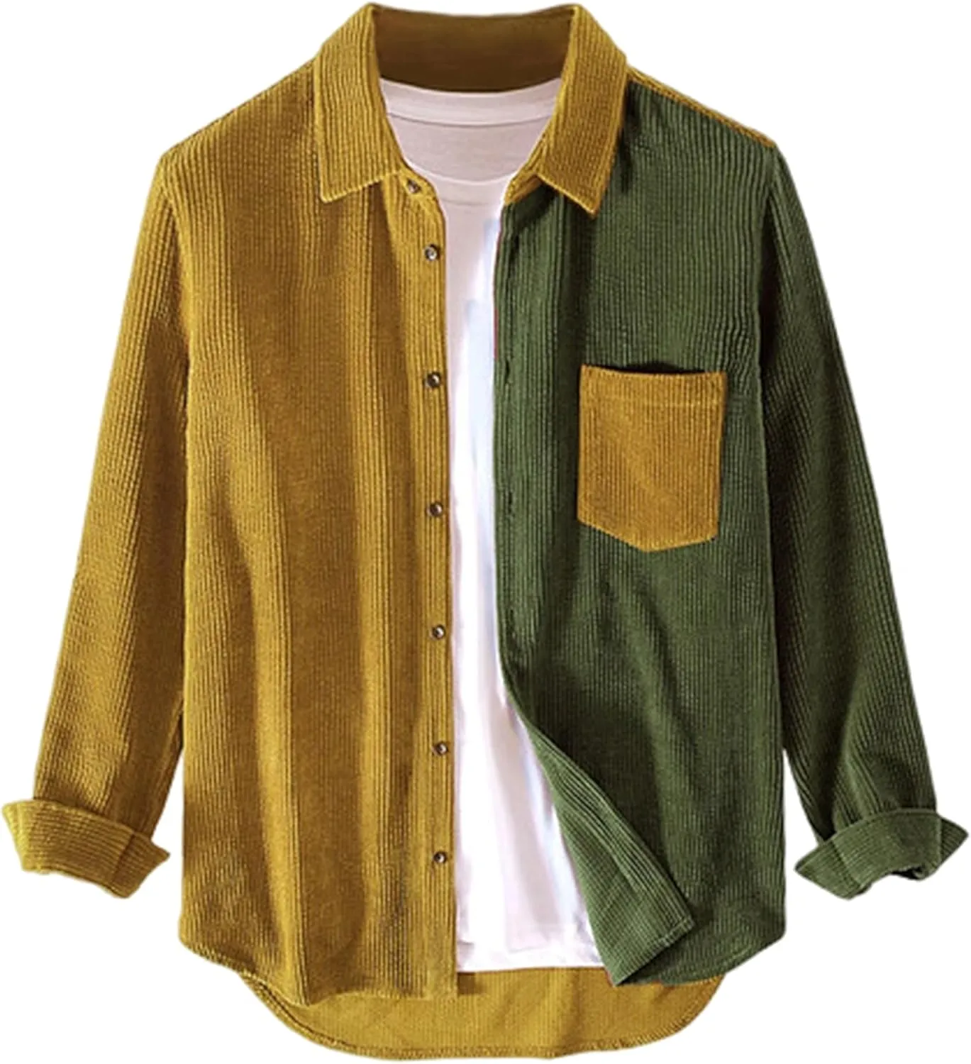 UANEO Mens Shacket Patchwork Long Sleeve Button Down Corduroy Shirts for Men
