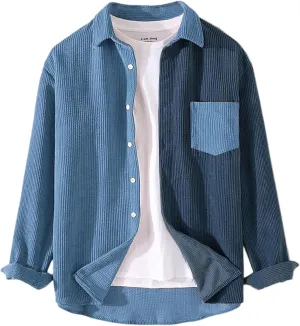 UANEO Mens Shacket Patchwork Long Sleeve Button Down Corduroy Shirts for Men
