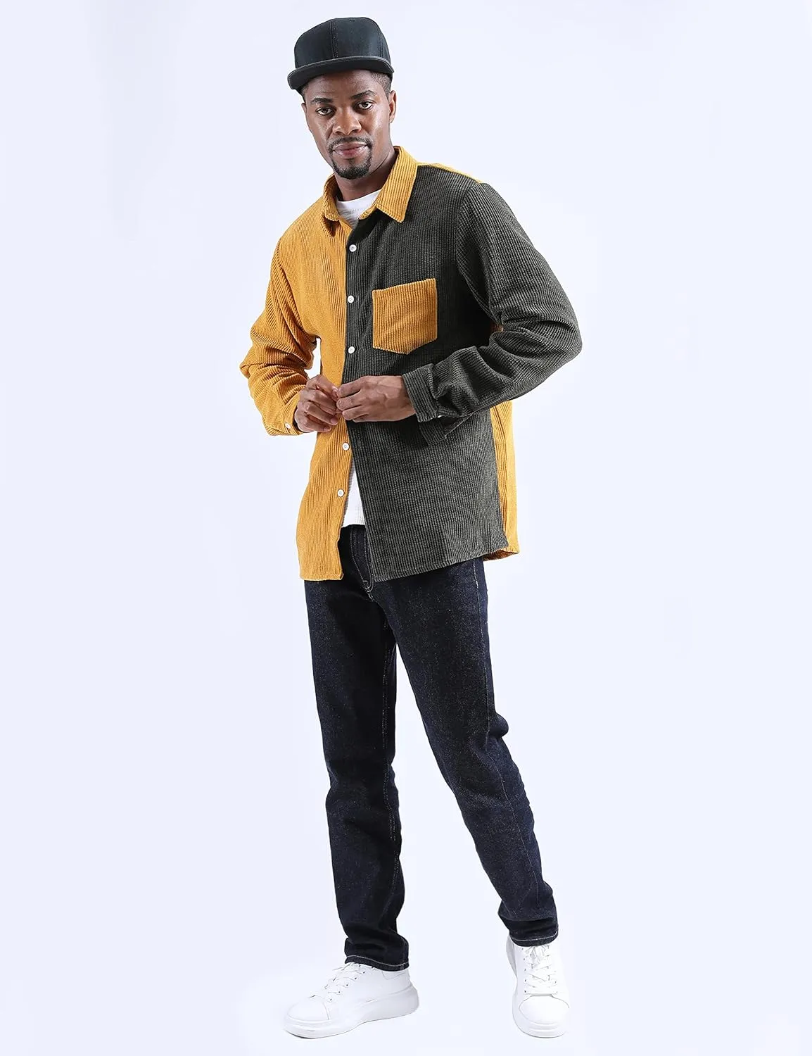 UANEO Mens Shacket Patchwork Long Sleeve Button Down Corduroy Shirts for Men