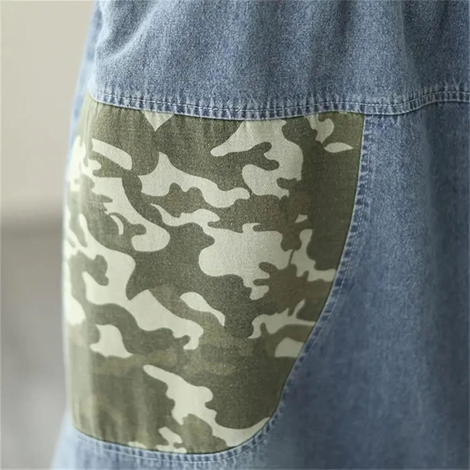 UIOKLMJH Women Artistic Style Patchwork Denim Skirt Summer Elastic Waist Office Sports Slim A-Line Midi Skirt