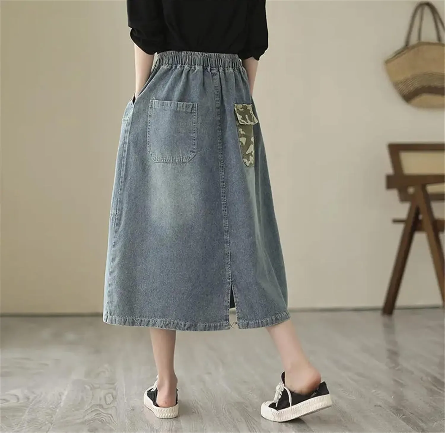 UIOKLMJH Women Artistic Style Patchwork Denim Skirt Summer Elastic Waist Office Sports Slim A-Line Midi Skirt