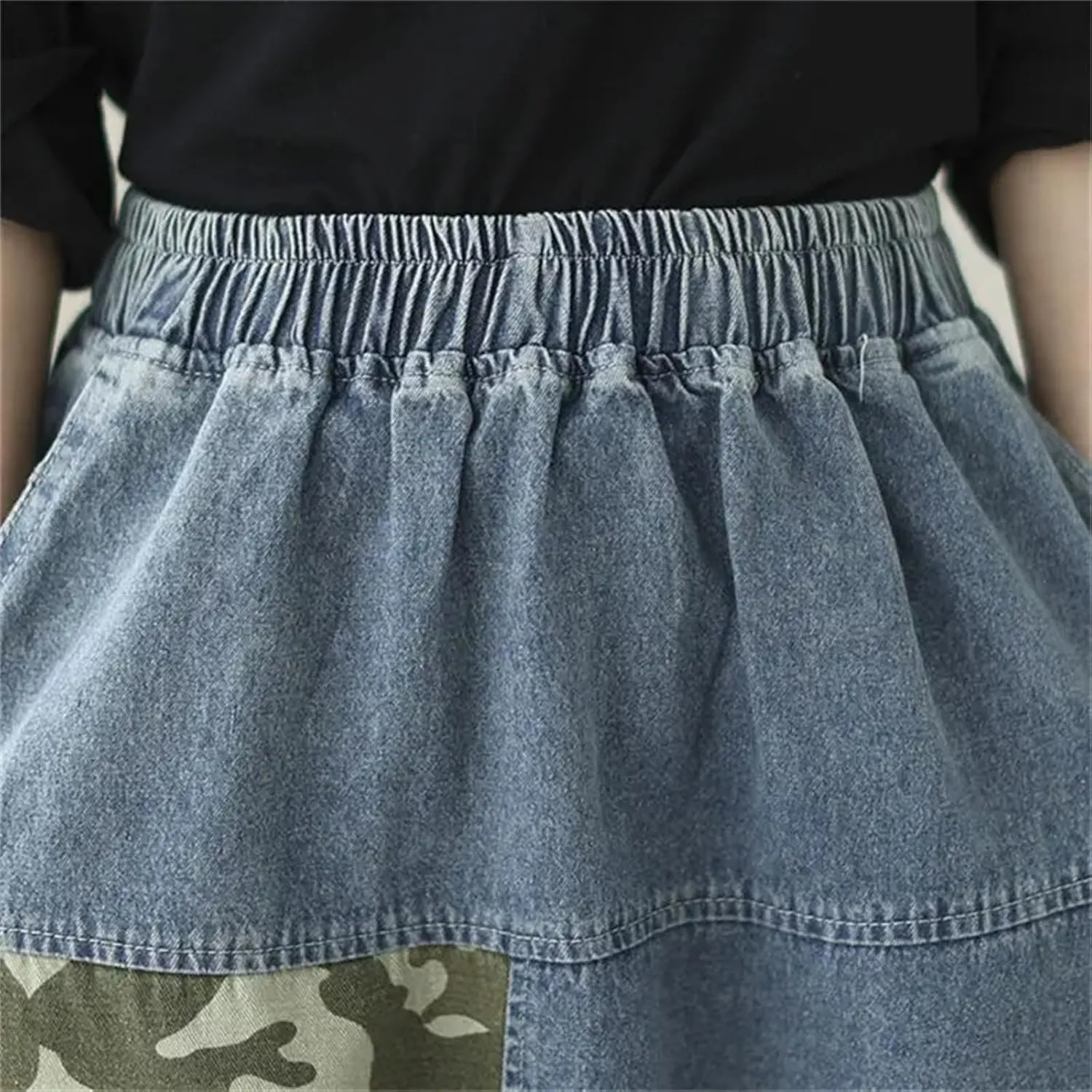 UIOKLMJH Women Artistic Style Patchwork Denim Skirt Summer Elastic Waist Office Sports Slim A-Line Midi Skirt