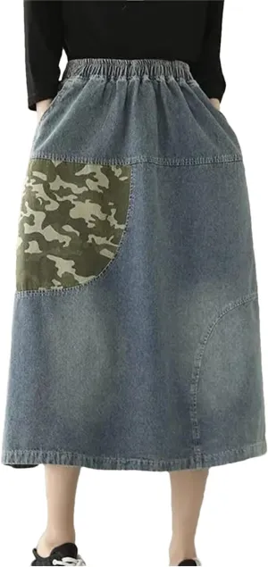 UIOKLMJH Women Artistic Style Patchwork Denim Skirt Summer Elastic Waist Office Sports Slim A-Line Midi Skirt