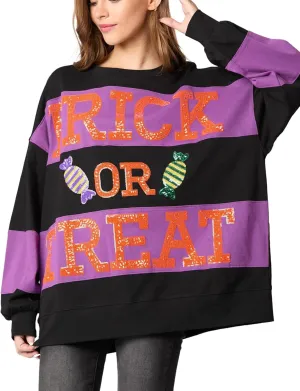 utcoco Oversized Sweatshirt for Women Halloween Letter Sequin Long Sleeve Shirts Color Block Hoodies Tops