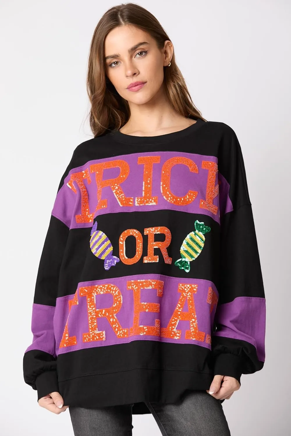 utcoco Oversized Sweatshirt for Women Halloween Letter Sequin Long Sleeve Shirts Color Block Hoodies Tops