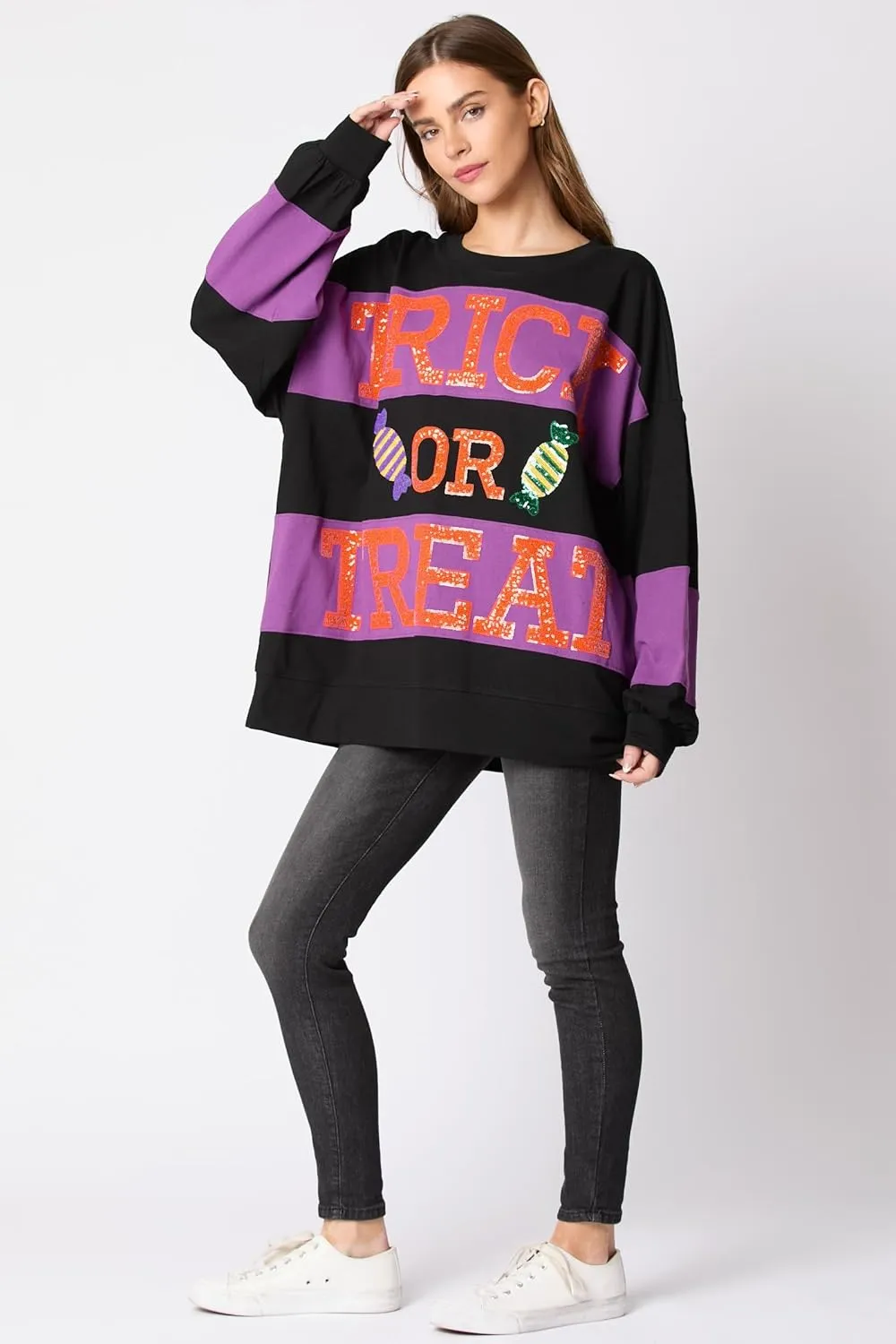 utcoco Oversized Sweatshirt for Women Halloween Letter Sequin Long Sleeve Shirts Color Block Hoodies Tops