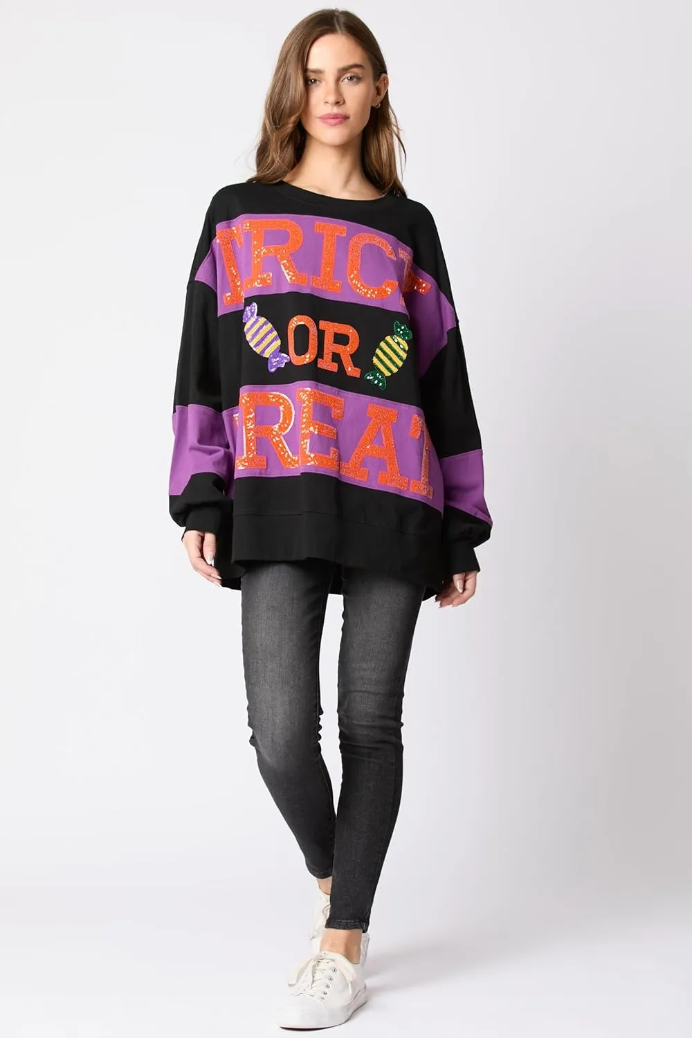 utcoco Oversized Sweatshirt for Women Halloween Letter Sequin Long Sleeve Shirts Color Block Hoodies Tops