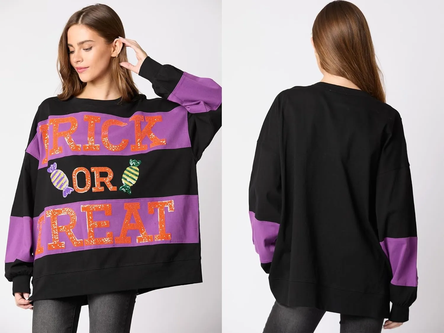 utcoco Oversized Sweatshirt for Women Halloween Letter Sequin Long Sleeve Shirts Color Block Hoodies Tops