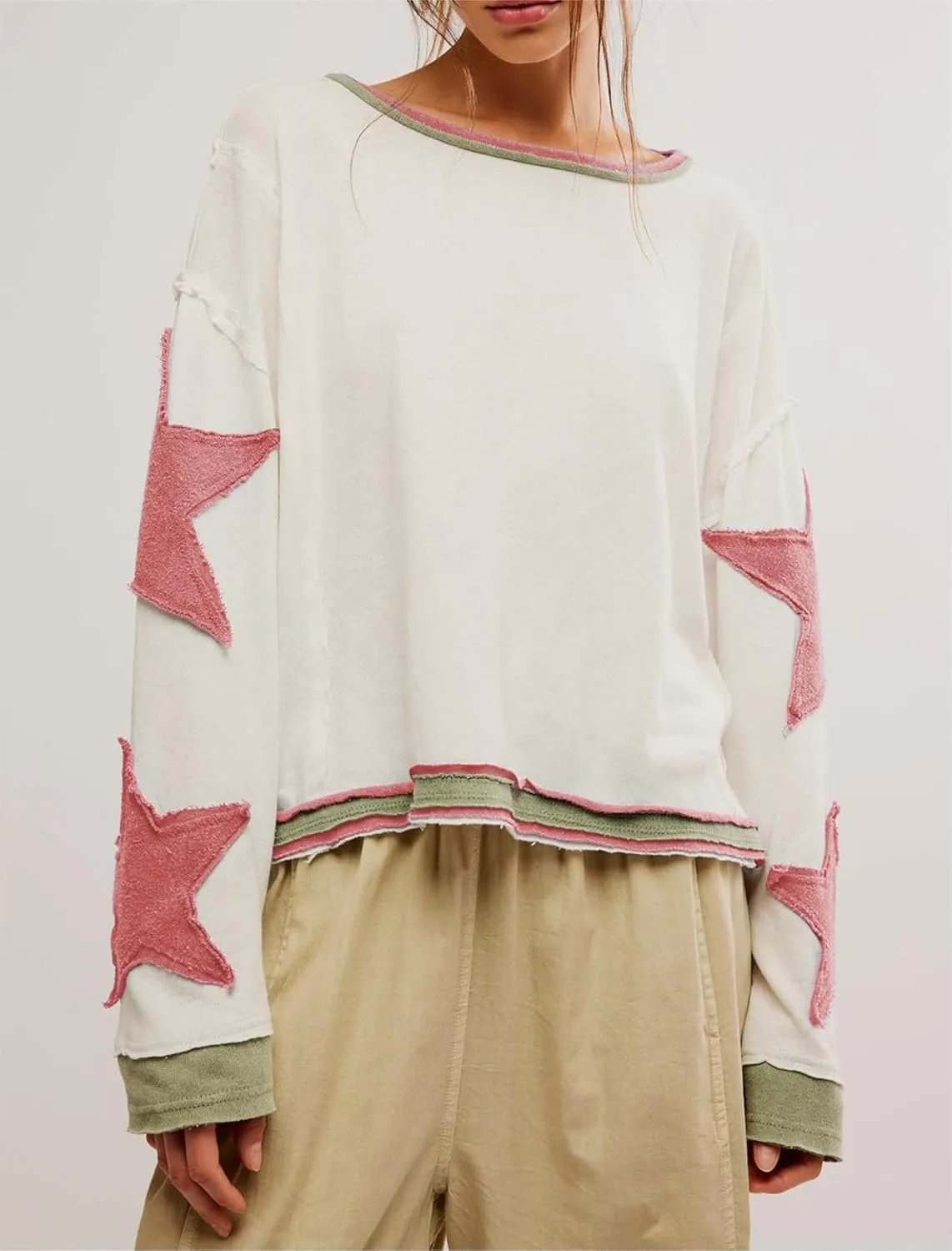 utcoco Oversized Sweatshirt for Women Star Patches Crew Neck Long Sleeve Shirts Hoodies Fashion Y2K Tops