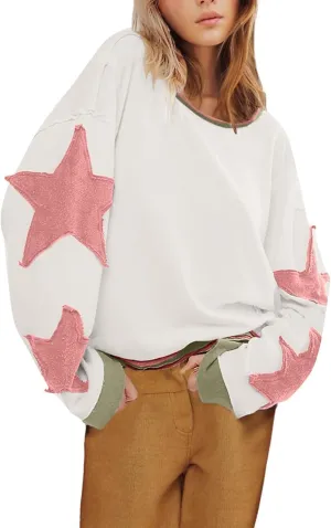 utcoco Oversized Sweatshirt for Women Star Patches Crew Neck Long Sleeve Shirts Hoodies Fashion Y2K Tops