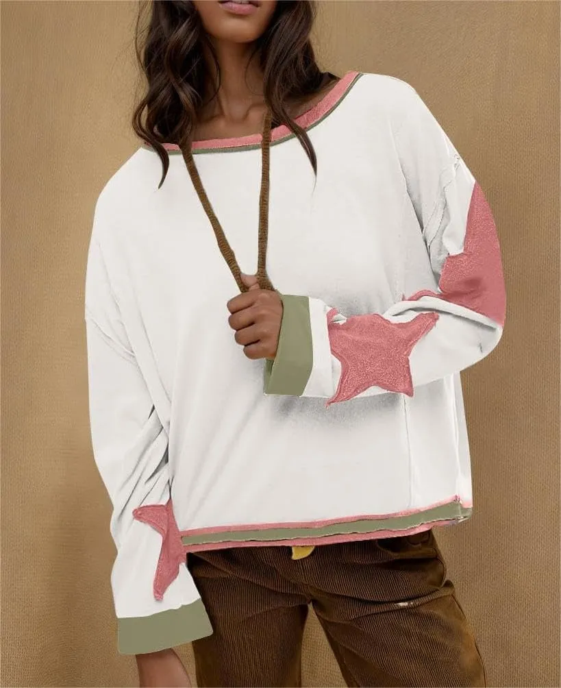 utcoco Oversized Sweatshirt for Women Star Patches Crew Neck Long Sleeve Shirts Hoodies Fashion Y2K Tops