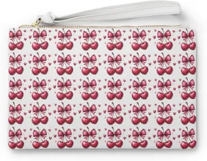 Valentine's Day Cherry Bow Clutch Bag Purse, Red Evening Handbag, Romantic Date Accessory, Heart Design Zipper Bag, Gift