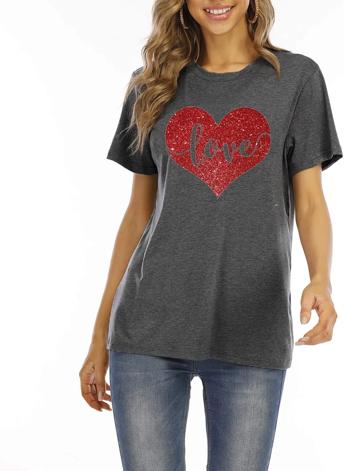 Valentines Day Shirts Women Cute Glitter Heart Shirt Casual Valentines Shirts for Women Long Sleeve Graphic Tees Tops