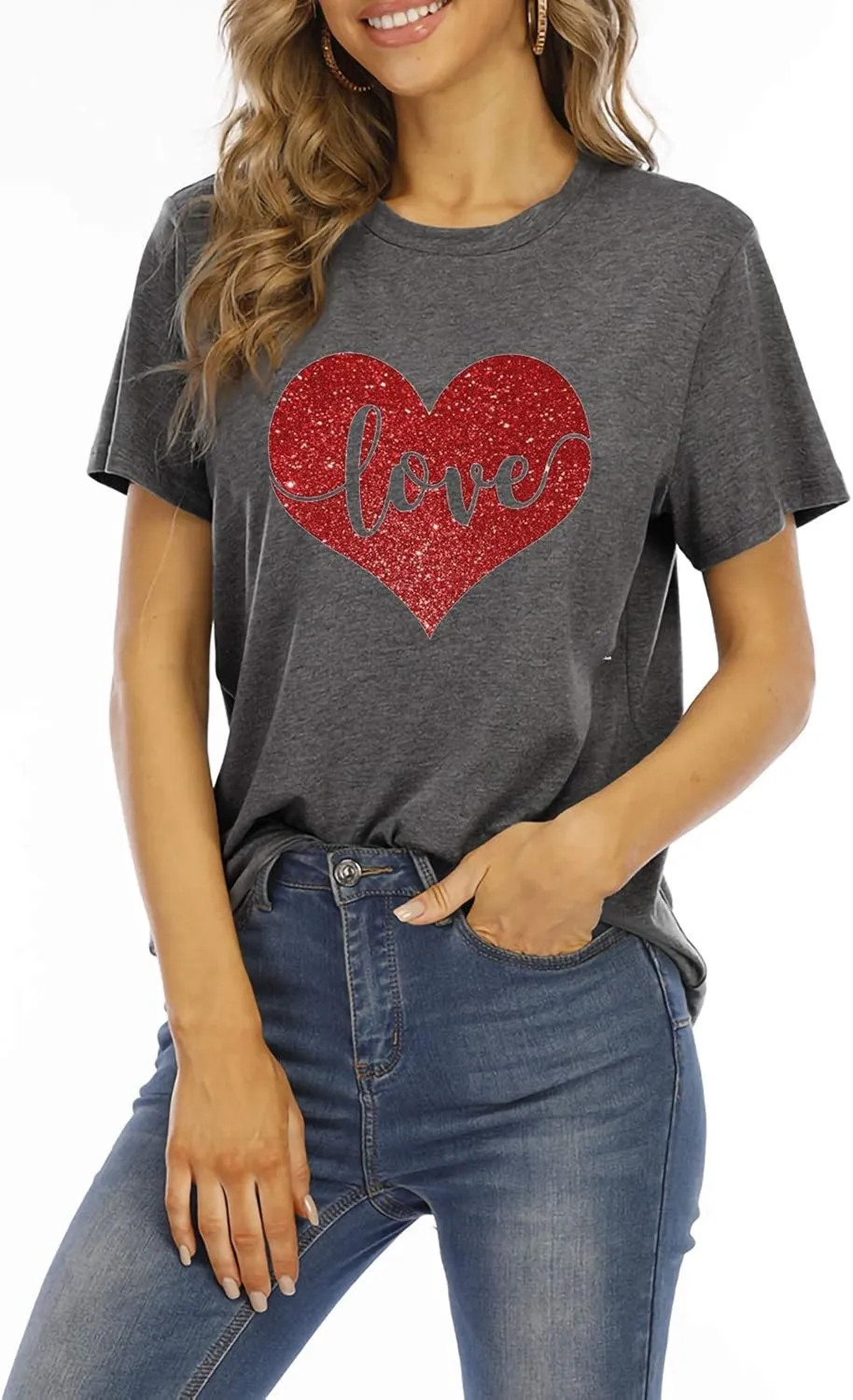 Valentines Day Shirts Women Cute Glitter Heart Shirt Casual Valentines Shirts for Women Long Sleeve Graphic Tees Tops