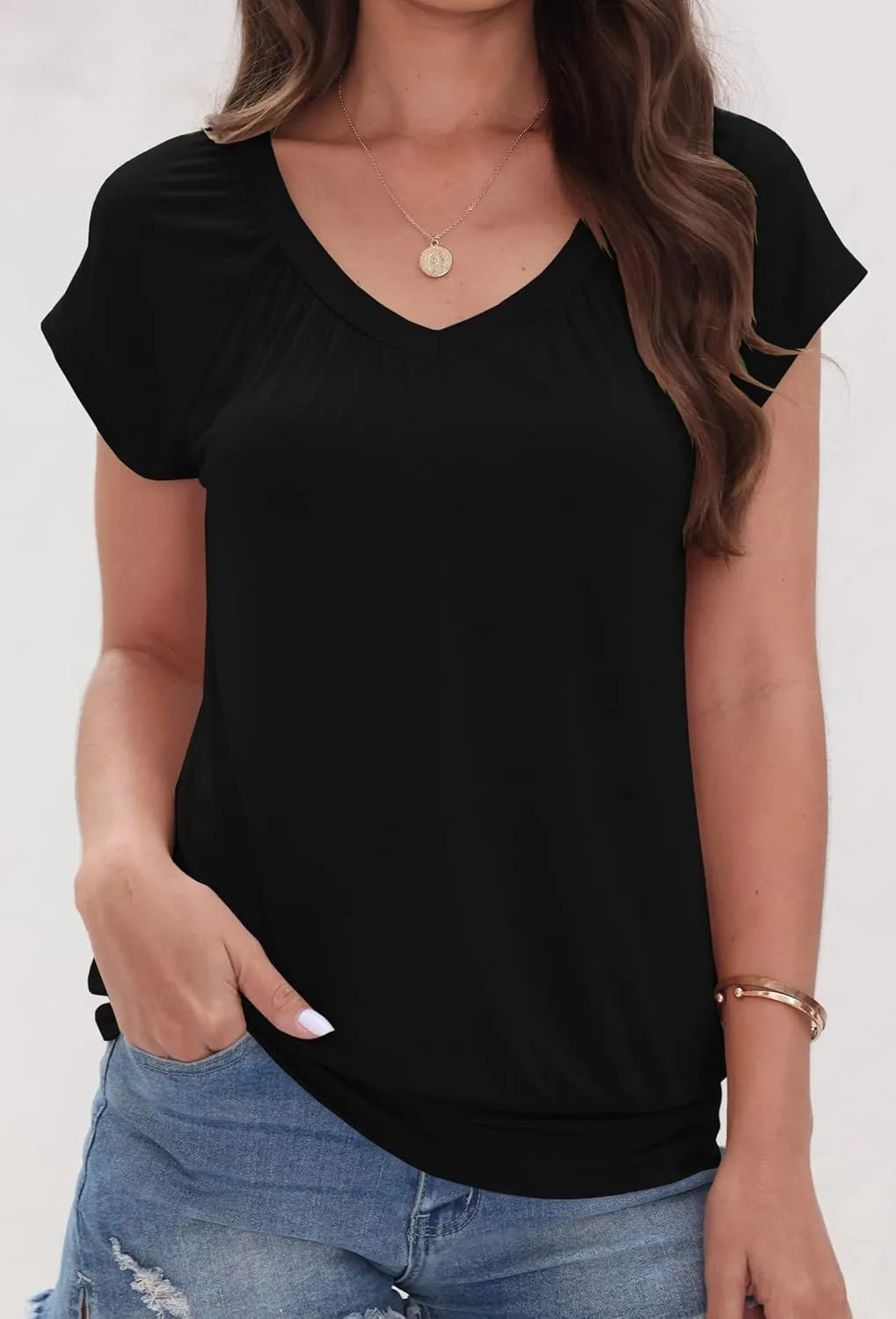 Veatzaer Women V Neck T Shirts Cap Sleeve Summer Casual Shirts Banded-Bottom Loose Fit Basic Tops