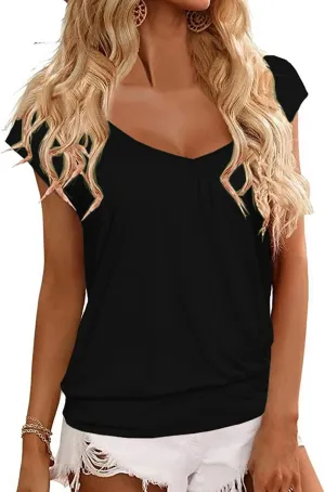 Veatzaer Women V Neck T Shirts Cap Sleeve Summer Casual Shirts Banded-Bottom Loose Fit Basic Tops