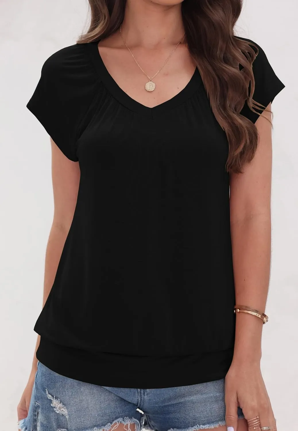 Veatzaer Women V Neck T Shirts Cap Sleeve Summer Casual Shirts Banded-Bottom Loose Fit Basic Tops