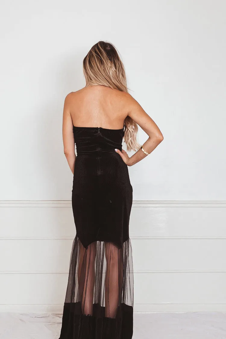 Velvet Nights Strapless Maxi Dress