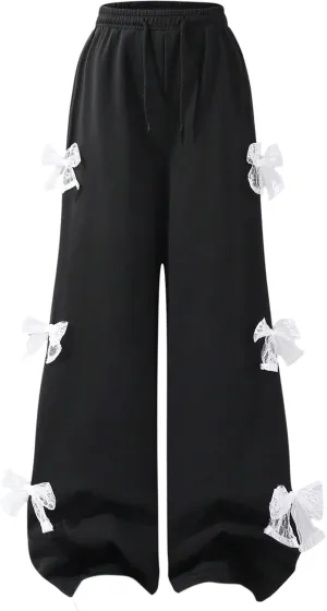 Verdusa Girl's Coquette Bow Wide Leg Elastic Waist Baggy Athletic Pants with Pockets