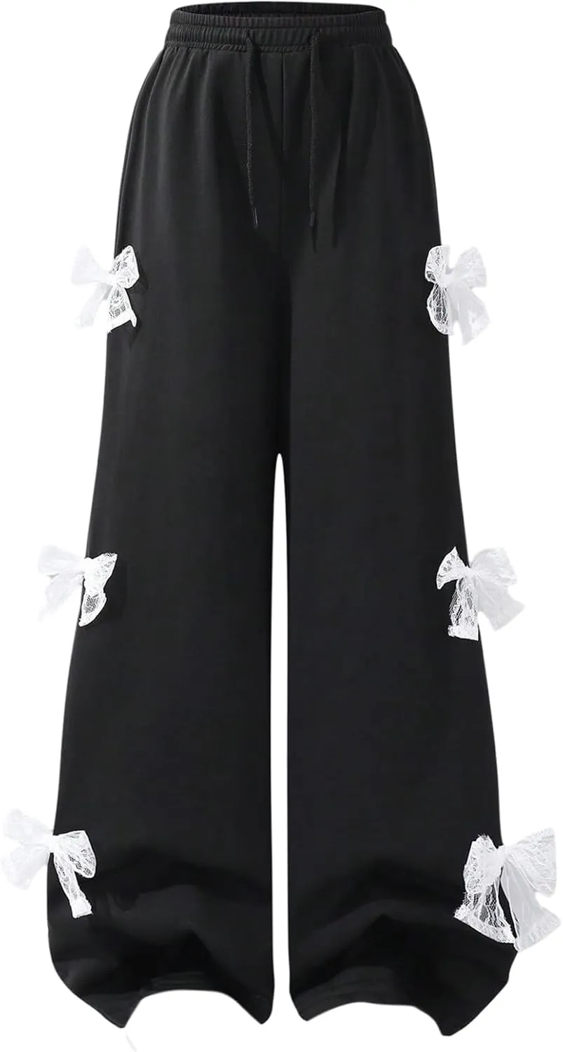 Verdusa Girl's Coquette Bow Wide Leg Elastic Waist Baggy Athletic Pants with Pockets