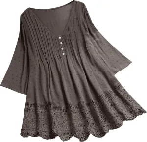 Vintage Jacquard 3/4 Sleeve V-Neck Shirts for Women Plus Size Blouse Lace Trim Tops Boho Tee with Floral Embroidery