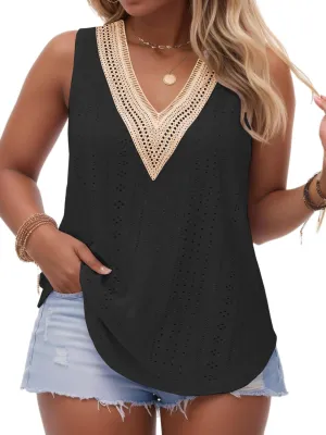 VISLILY Women's-Plus-Size-Summer-Tank-Tops Lace Trim Deep V Neck Shirts Cute Sleeveless Tunics Trendy Eyelet Blouses XL-5XL