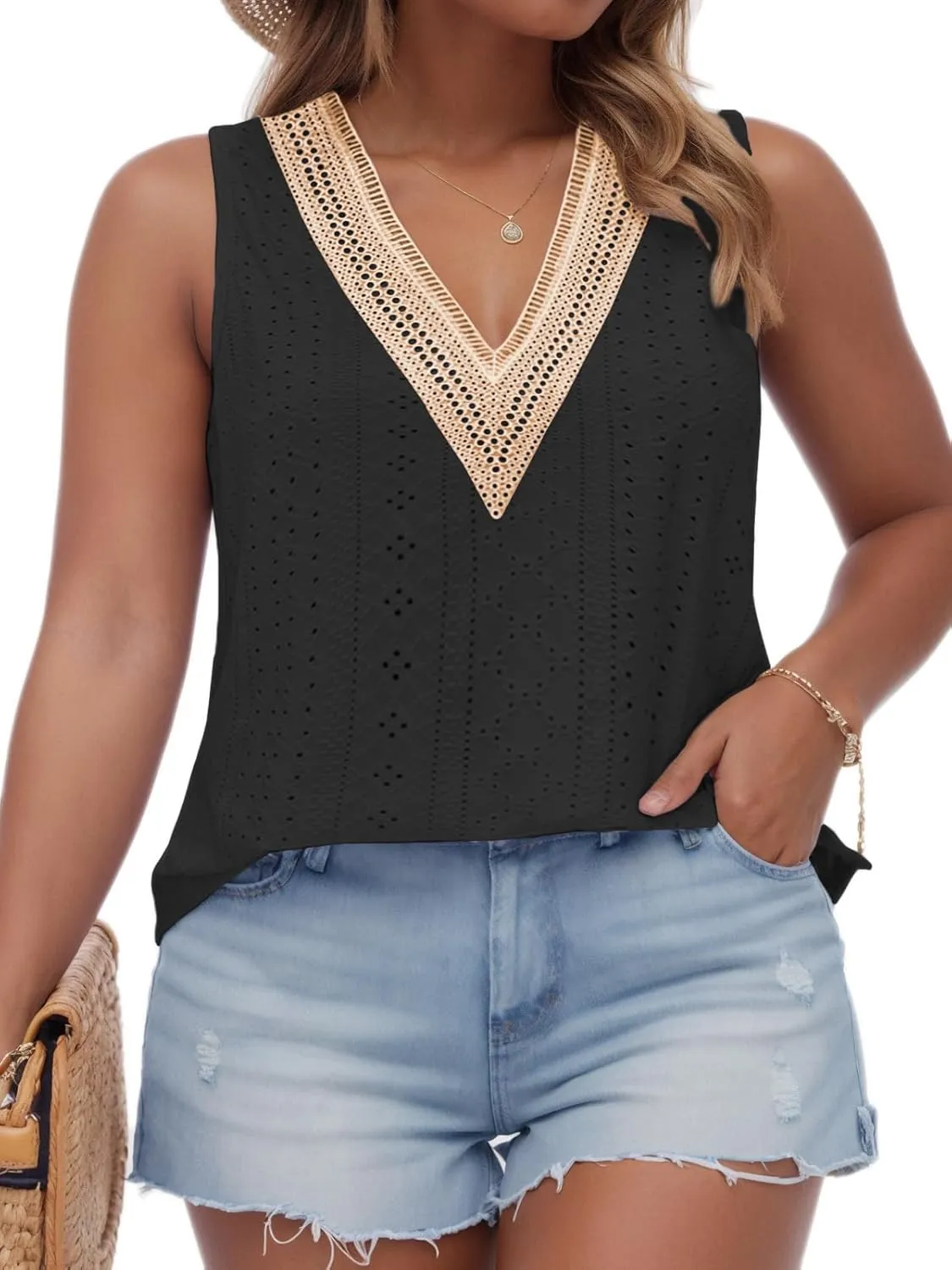 VISLILY Women's-Plus-Size-Summer-Tank-Tops Lace Trim Deep V Neck Shirts Cute Sleeveless Tunics Trendy Eyelet Blouses XL-5XL