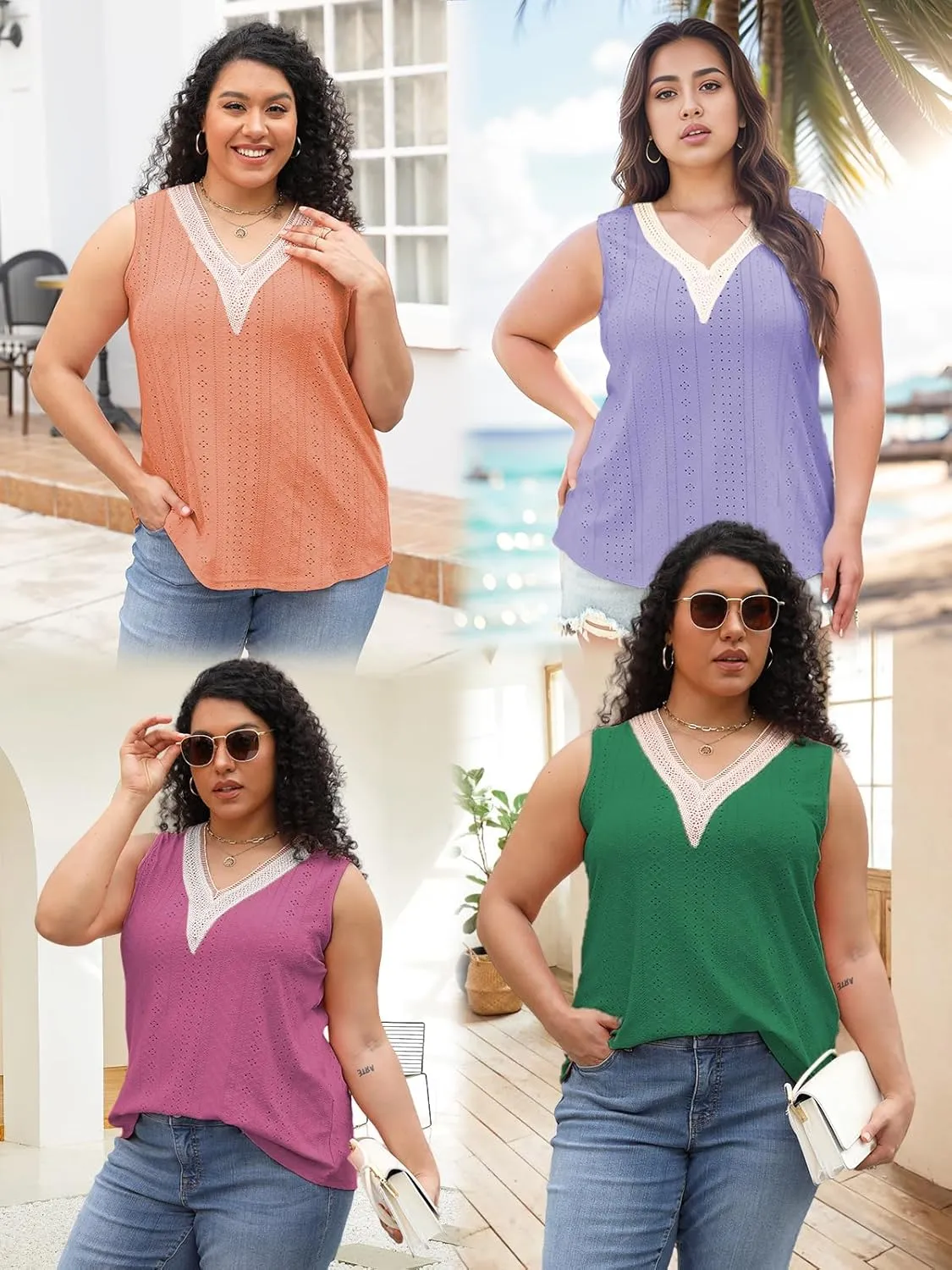 VISLILY Women's-Plus-Size-Summer-Tank-Tops Lace Trim Deep V Neck Shirts Cute Sleeveless Tunics Trendy Eyelet Blouses XL-5XL