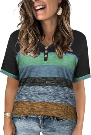 VISLILY Womens-Plus-Size-Summer-Tops Dressy V Neck T Shirts Trendy Striped Color Block Short Sleeve Buttons Up Blouses Tunics