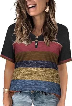 VISLILY Womens-Plus-Size-Summer-Tops Dressy V Neck T Shirts Trendy Striped Color Block Short Sleeve Buttons Up Blouses Tunics