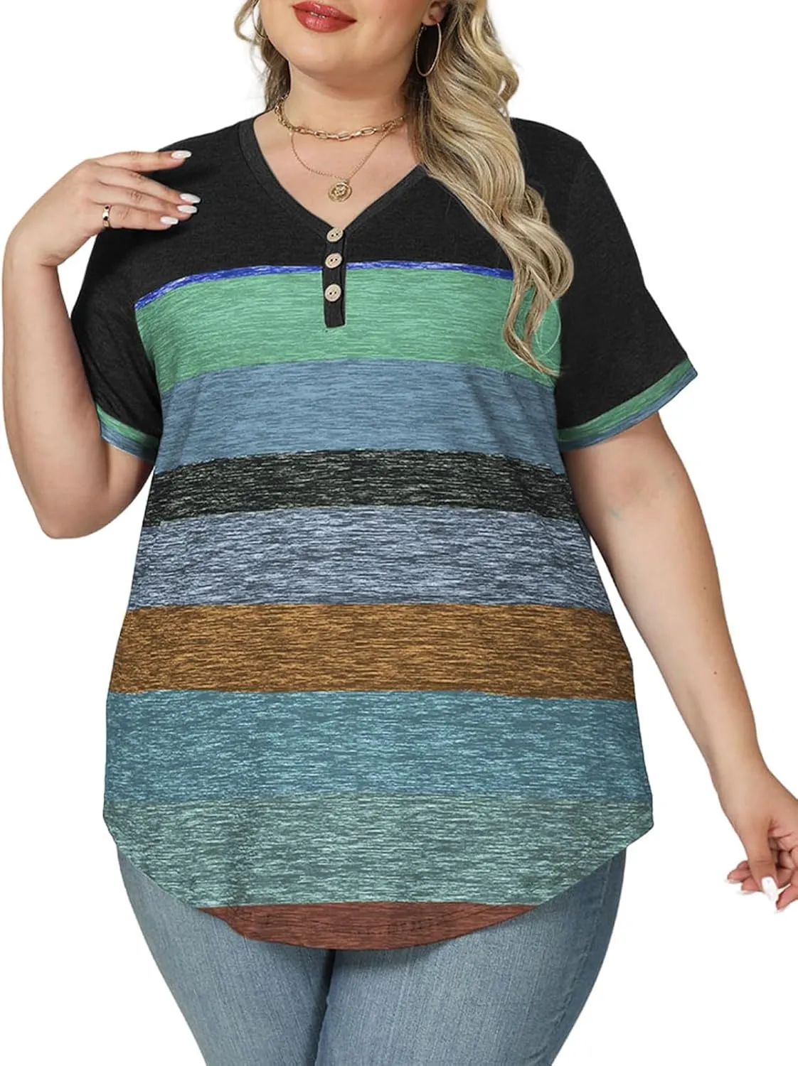 VISLILY Womens-Plus-Size-Summer-Tops Dressy V Neck T Shirts Trendy Striped Color Block Short Sleeve Buttons Up Blouses Tunics