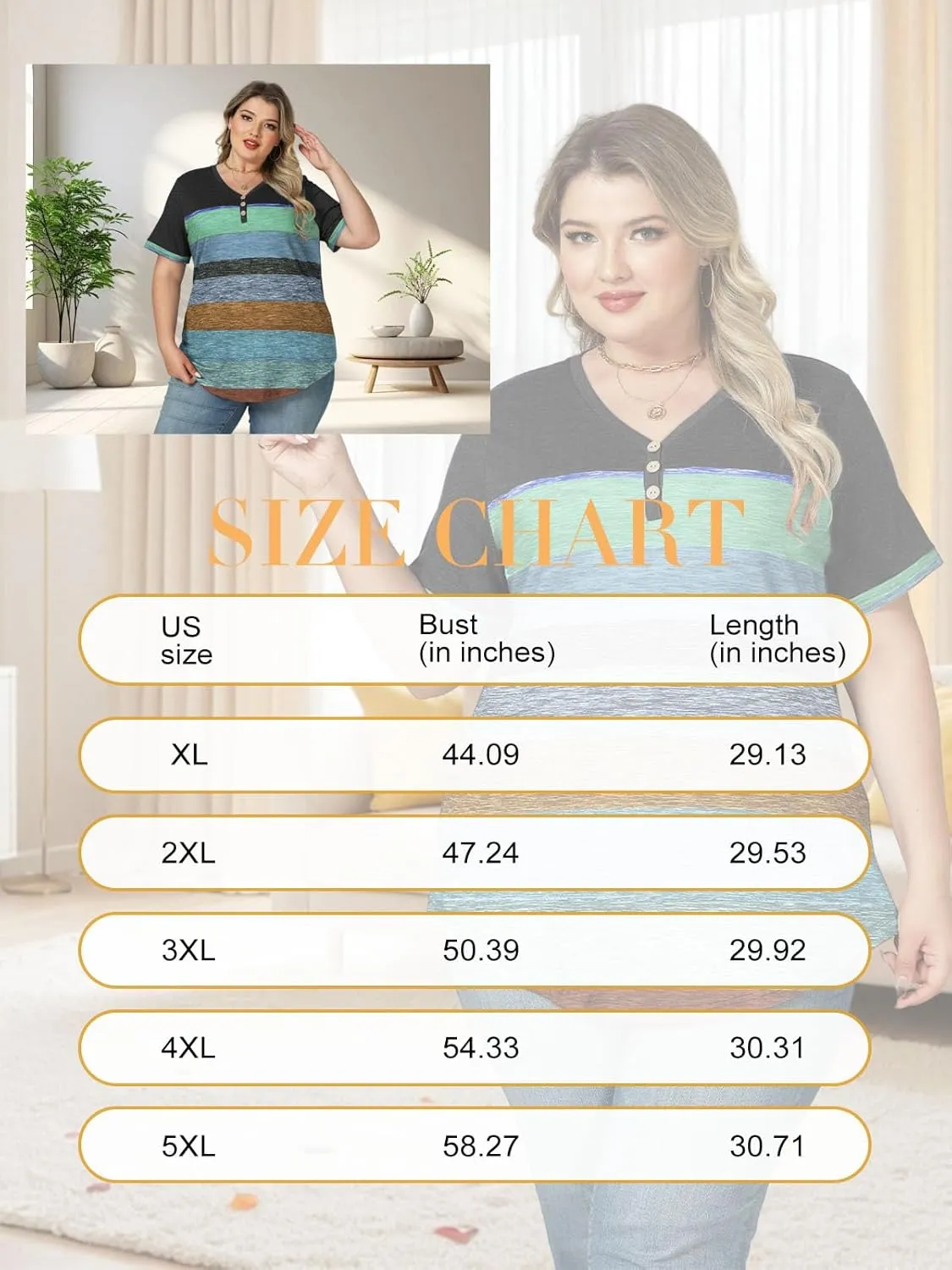 VISLILY Womens-Plus-Size-Summer-Tops Dressy V Neck T Shirts Trendy Striped Color Block Short Sleeve Buttons Up Blouses Tunics