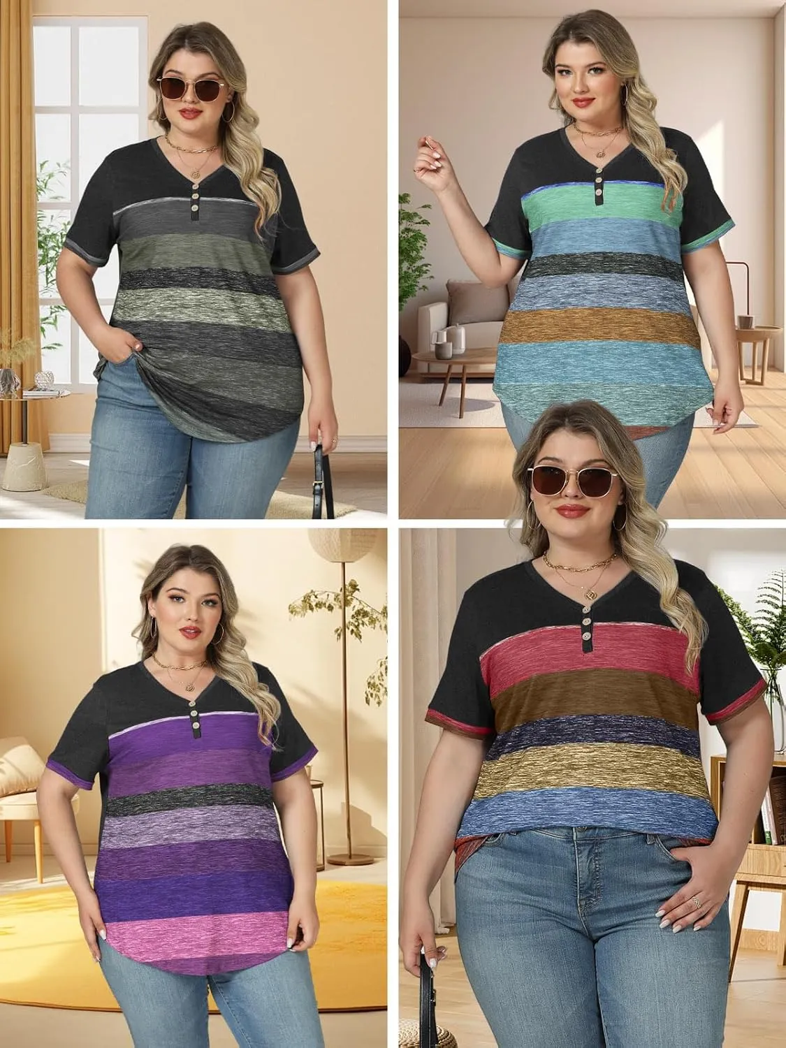 VISLILY Womens-Plus-Size-Summer-Tops Dressy V Neck T Shirts Trendy Striped Color Block Short Sleeve Buttons Up Blouses Tunics
